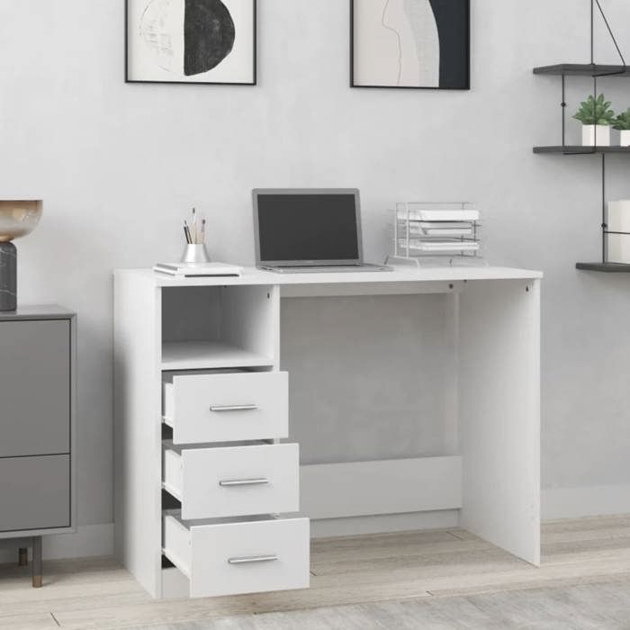 Bureau Blanc CLOUD Table à écrire Pour 1 personne avec tiroirs Blanc 102x50x76 cm bois dingénierie BBB534
