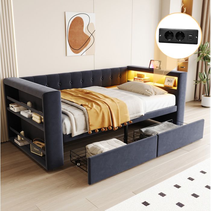 Lit combiné 90 x 190 cm EVRYAE avec LED prise intégrée et 2 tiroirs de rangement canapé-lit 1 place gris foncé