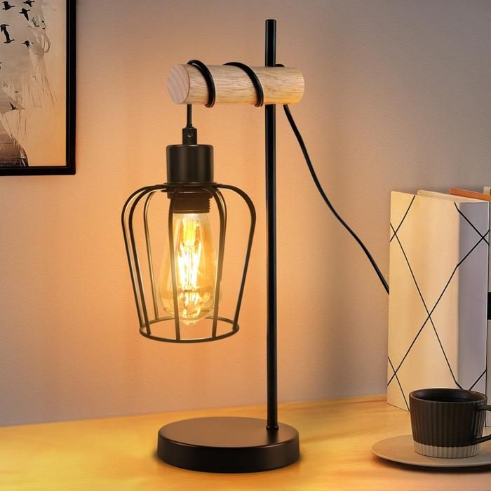 Homefire Lampe de table en bois vintage E27 Lampe de table Salon Lampe de chevet Noire