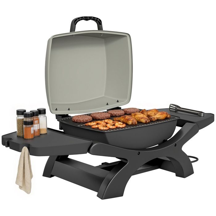 Barbecue électrique de table - Outsunny - 2300W - grilles émaillées étagères latérales crochets - acier - 102x48x38cm - noir
