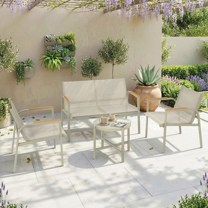 Salon de Jardin Ensemble de Terrasse avec Canapé 2 Places 2 Fauteuils et Table Basse en Verre Trempé 4 Pièces Vert