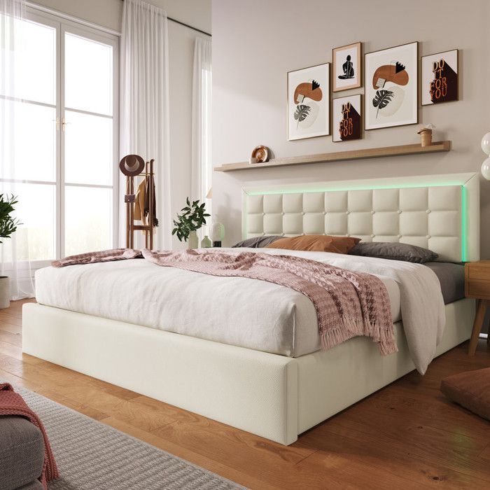 Lit rembourré avec sommier à lattes - 160x200 cm - Blanc - Éclairage LED - Espace de rangement