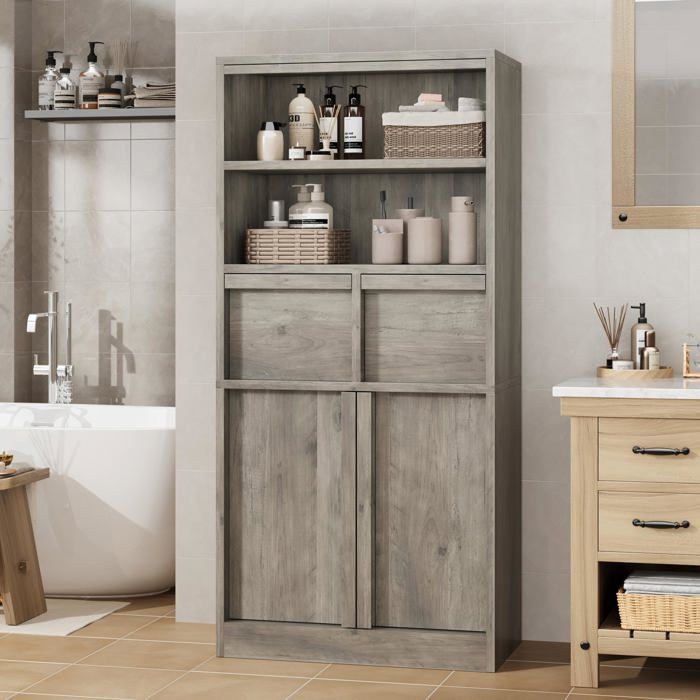 Meuble de rangement haut - LUNSY - 60x30x129 cm - Gris - Étagères ouvertes - 2 tiroirs - Placard fermé - Polyvalent