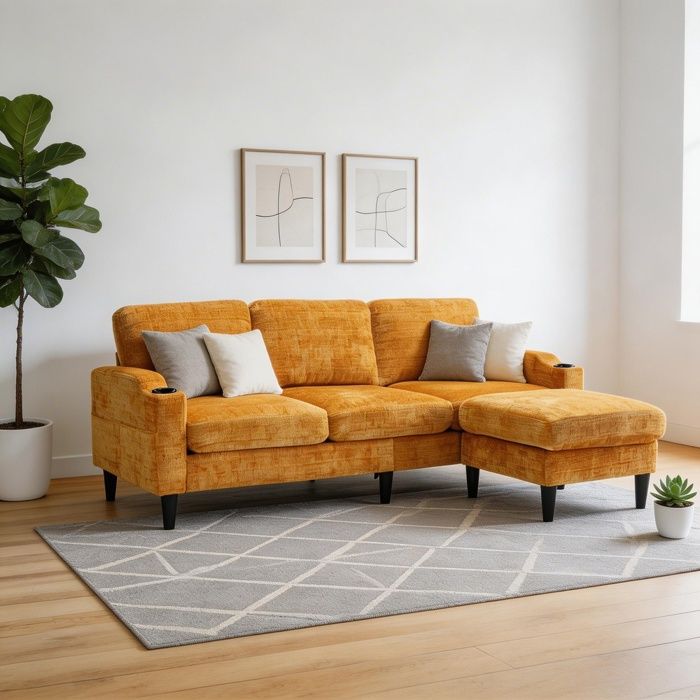 Canapé - 4 places modulable 1965 cm - Chenille jaune - Pouf rangement - Accoudoirs porte-gobelets