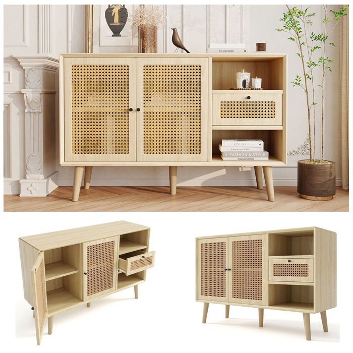 Buffet 120x40x80 1 tiroir 2 portes buffet salon étagères réglables portes cannage rotin finition chêne pieds bois massif