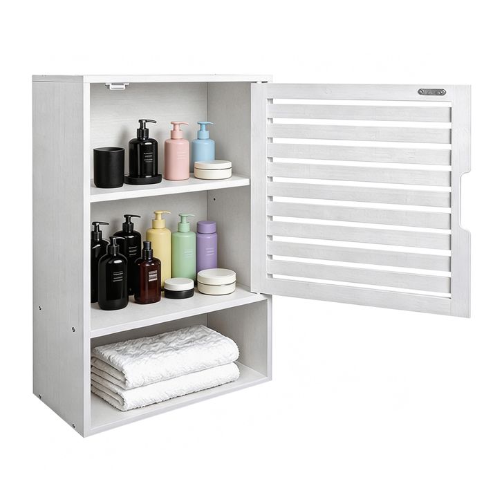 Armoire de salle de bain suspendue à 3 niveaux QUIIENCLEE meuble de rangement à une porte en bambou 20×40×60cm blanc