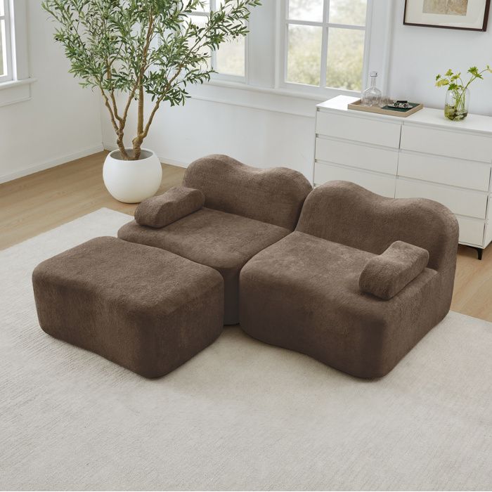 Canapé modulaire d’angle marron en velours avec ottoman sans montage