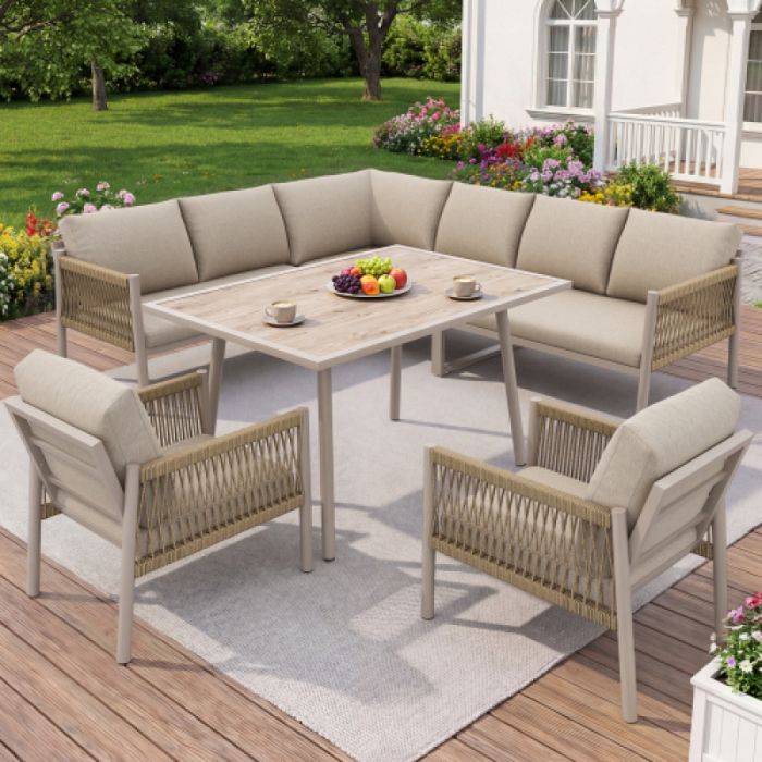 Salon bas de jardin - Ensemble mobilier de jardin canapé L-forme pour 7-8 personnes table à plateau en verre aspect bois inclus