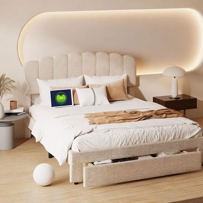 Lit double 140x200 cm en velours teddy beige tête de lit réglable tiroir de rangement 2 USB + Type-C sommier à lattes
