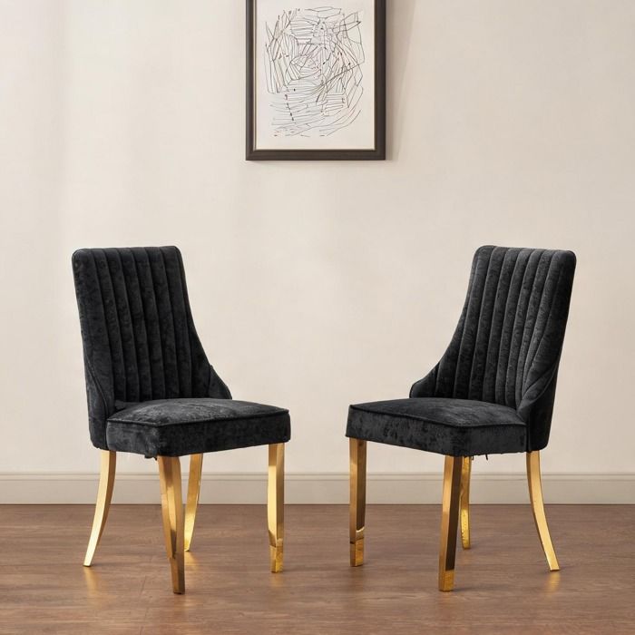 Chaise de salle à manger en tissu chenille floqué noir dossier haut pieds acier inoxydable plaqué or lot de 2