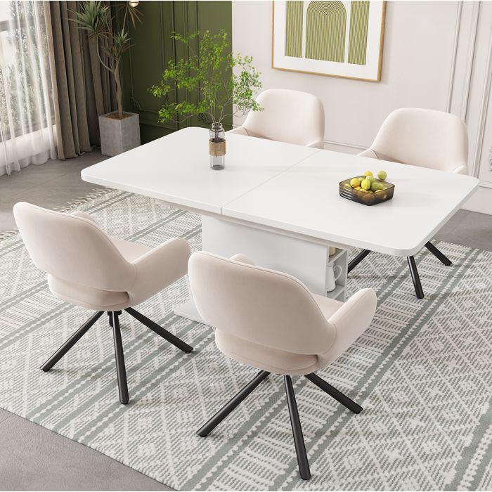 Ensemble table a manger extensible et 4 chaises - table rectangulaire blanche avec rangement - chaises en velours beige
