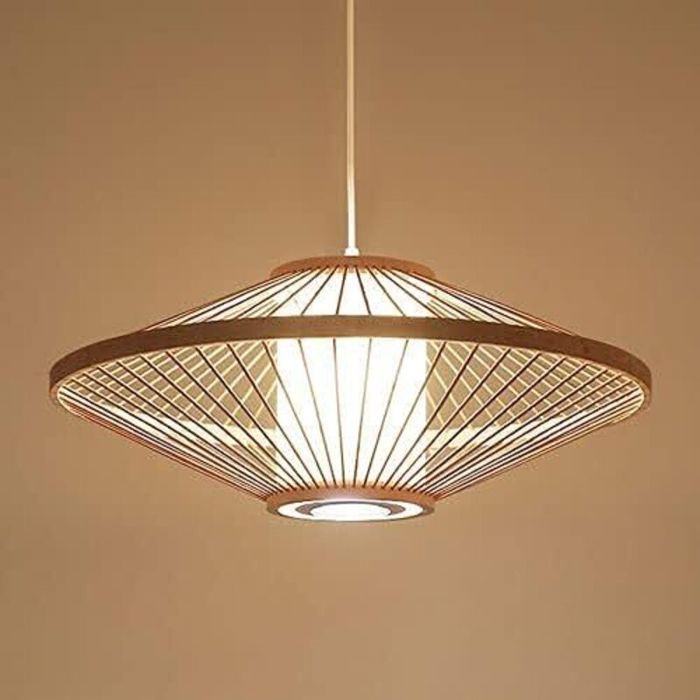 Lampe suspendue - PZCC - Abat-jour parchemin Ø40cm - Rotin et bambou - Câble réglable 120cm - Marron