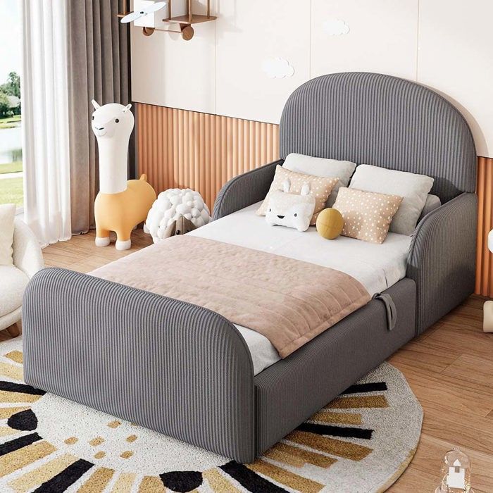 Lit enfant - YEHTOKHOME - 90 x 200 - Rangement hydraulique - Velours gris - Barrières de sécurité