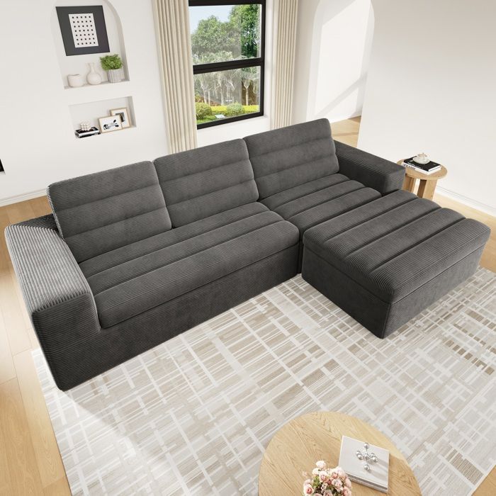 Canapé d’angle modulable en L 253 x 161 x 89 cm en velours côtelé gris foncé sans cadre avec pouf