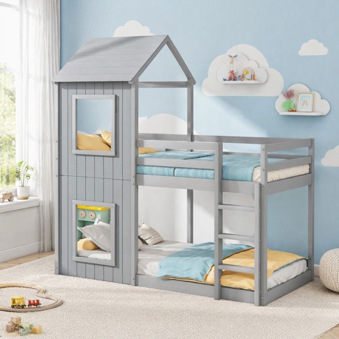 MEULVA Lit superposé 90x200 cm lit enfant aspect cabane avec échelle en pin massif et MDF gris