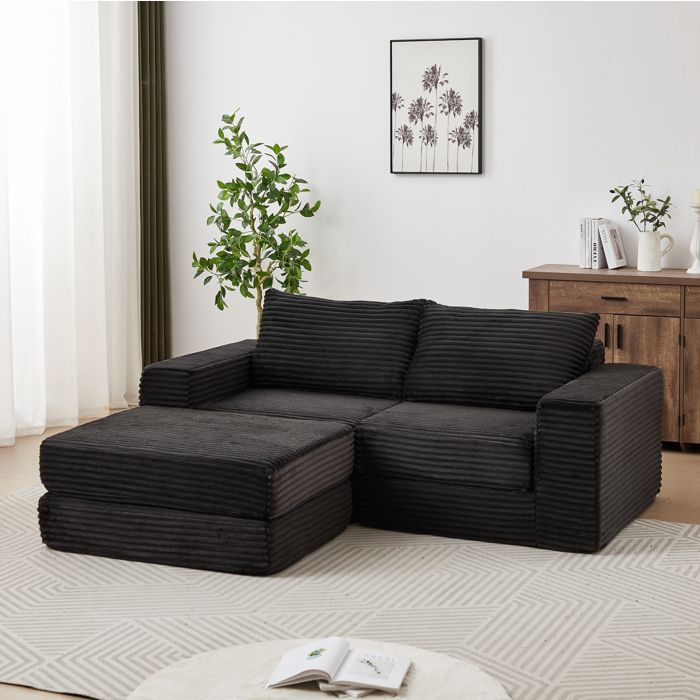 MEULVA Canapé lit 2 places modulable 2-en-1 en velours côtelé noir avec pouf amovible et accoudoirs carrés
