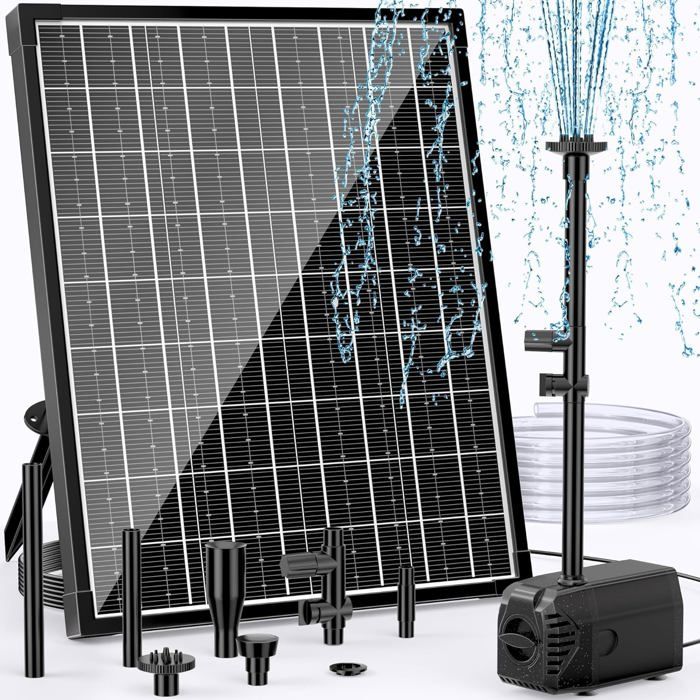 Pompe fontaine solaire 20W 1200 L/H - 4 buses à débit réglable avec protection manque deau - 2 m de tuyau pour bassin de jardin