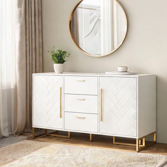Buffet 145 cm 2 portes 3 tiroirs blanc MDF motif chevron poignées dorées