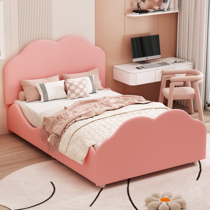 Lit enfant simple 90×200 cm avec barrière tête réglable - ELVMI - sans matelas velours rose