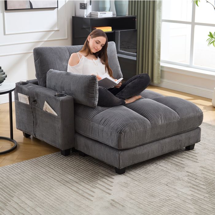 Fauteuil lounge relaxation AESVAR 1 place en velours côtelé gris avec port USB porte-gobelets et poche latérale