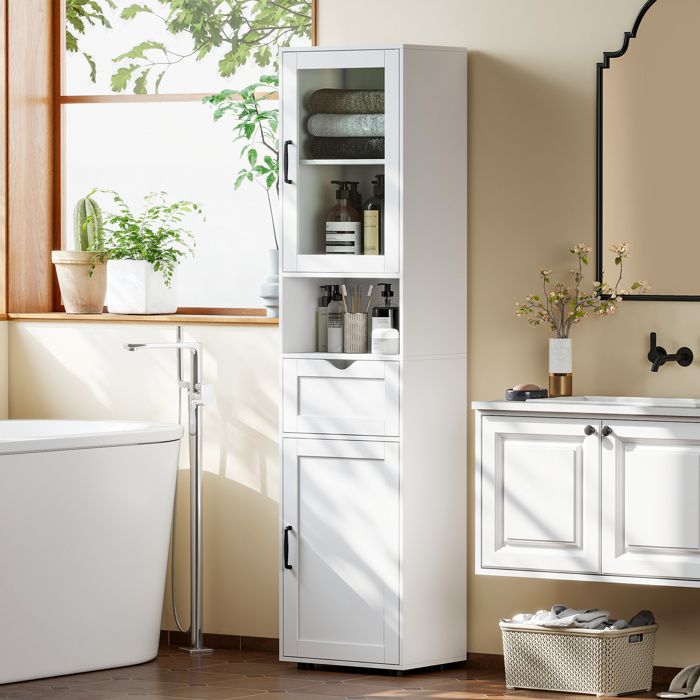 Colonne de salle de bain en bois 40 x 30 x 165 cm blanc avec 2 placards tiroir et étagère ouverte