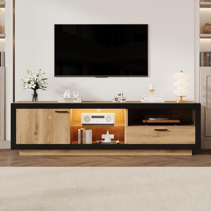Meuble TV - KOMHTOM - 160x40x50 cm - Éclairage RGB - 1 tiroir & étagères verre - Noir chêne Meuble TV - KOMHTOM - 160x40x50 cm - Éclairage RGB - 1 tiroir & étagères verre - Noir chêne