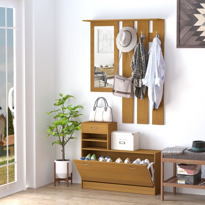 Meuble d’entrée moderne en bois 90x24x166 cm avec meuble à chaussures miroir 6 crochets 2 étagères réglables et tiroirs