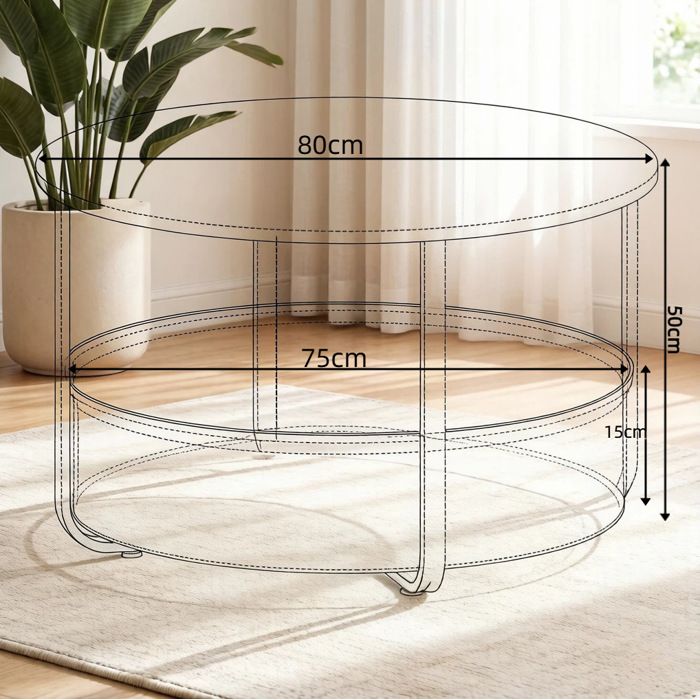 Table basse ronde avec panier de rangement amovible 80 x 50 cm en métal et panneau mélaminé beige et blanc ORVRYN
