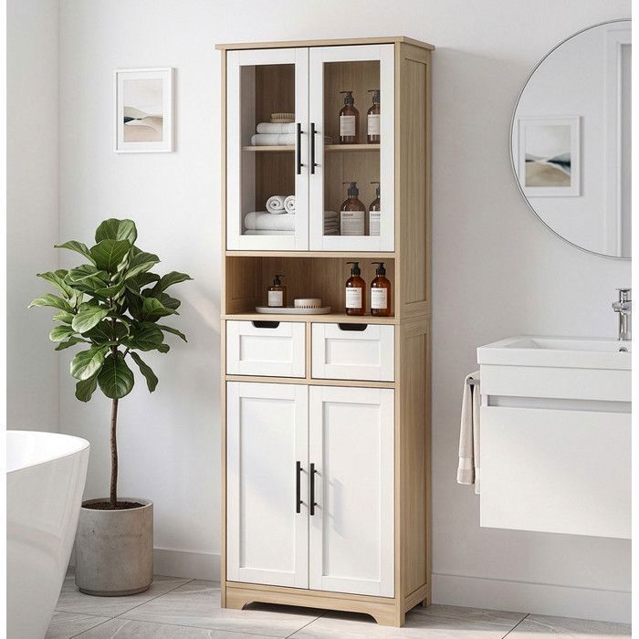 Buffet de Rangement - ALIGHTUP - 4 Portes et 2 Tiroirs – Armoire de Salle à Manger – 60x30x170 cm – Blanc et Chêne Buffet de Rangement - ALIGHTUP - 4 Portes et 2 Tiroirs – Armoire de Salle à Manger – 60x30x170 cm – Blanc et Chêne
