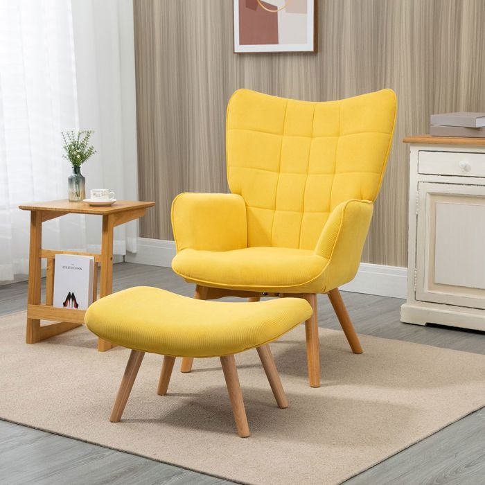 Fauteuil relaxation - WESTYLE - Loungesessel - Cord-Optik - Pieds hêtre - Jaune