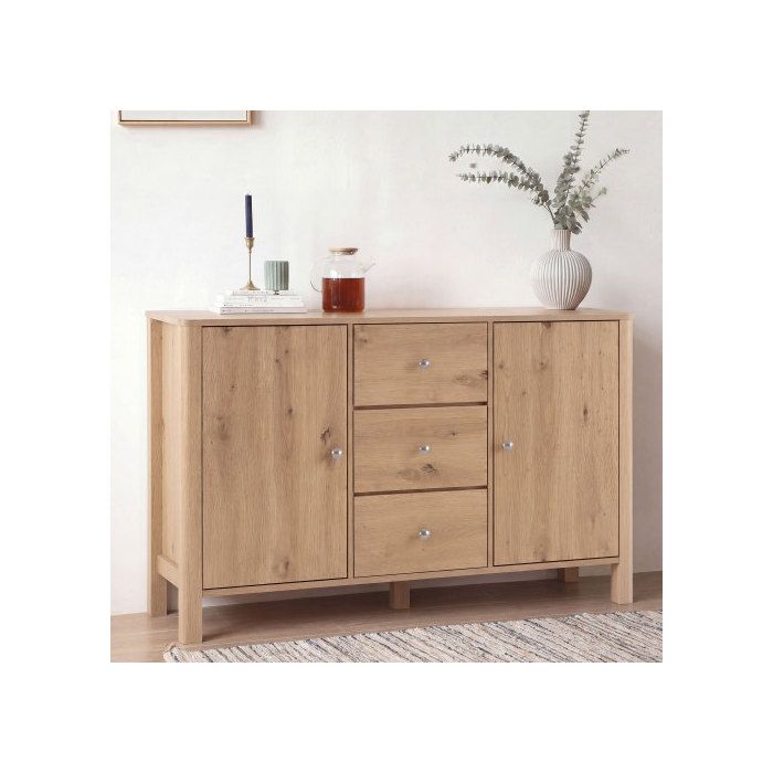 Buffet bas - WESTYLE - 120x40x82 cm - 2 portes 3 tiroirs - Bois clair pin - Poignées effet cristal