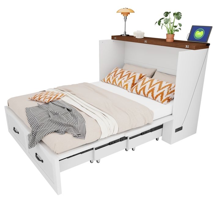 Lit Pliant 2 Personnes Lit Escamotable 140x200cm avec espace de rangement Port USB et Prise électrique Design Convertible