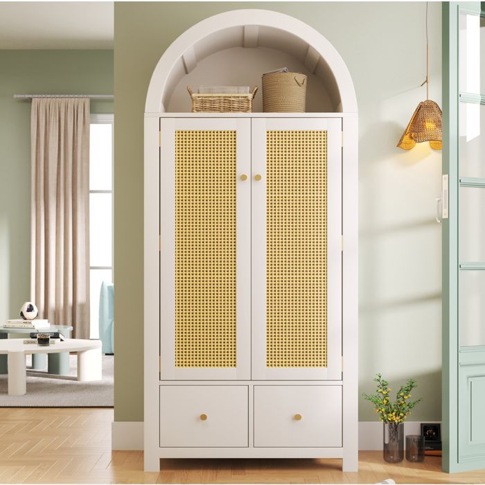 VUENOR Armoire penderie 181x78x45 cm blanc – rotin tressé 2 tiroirs