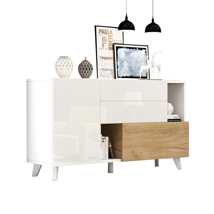 Buffet bas sideboard blanc brillant aspect bois clair avec rangements portes et tiroirs style scandinave FOLYNA