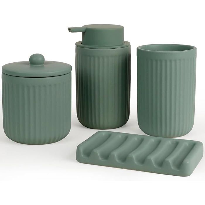 Lot de 4 accessoires de salle de bain en céramique Vert Distributeur de savon de 350 ml Gobelet à bro SET ACCESSOIRES SALLE DE BAIN