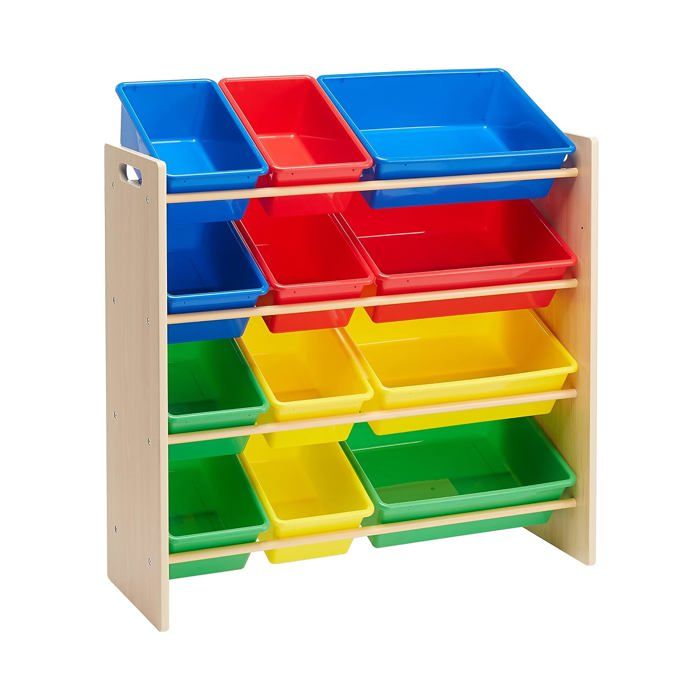 Meuble de rangement pour jouets - 12 bacs en plastique amovibles et colorés Bois naturel certifié FSC 85 3 x 27 7 x 79 cm