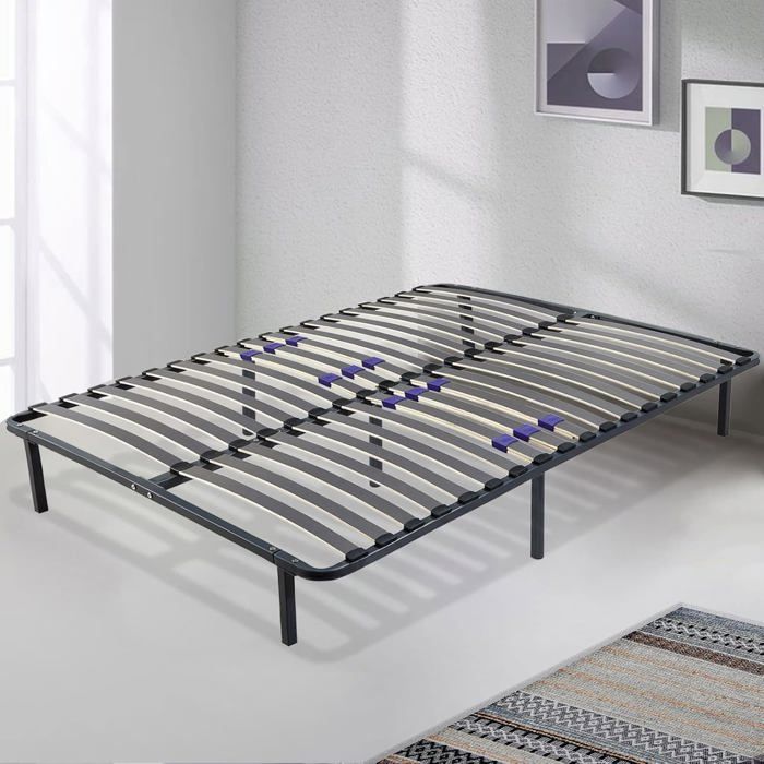 Sommier tapissier 160x200 cm  Cadre métal laqué époxy lattes peuplier réglables  Zone lombaire renforcée 7 pieds hauteur 25 cm
