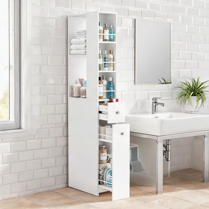 Meuble colonne de salle de bain 40 x 18 x 135 cm en MDF avec 2 tiroirs 2 étagères et 3 compartiments