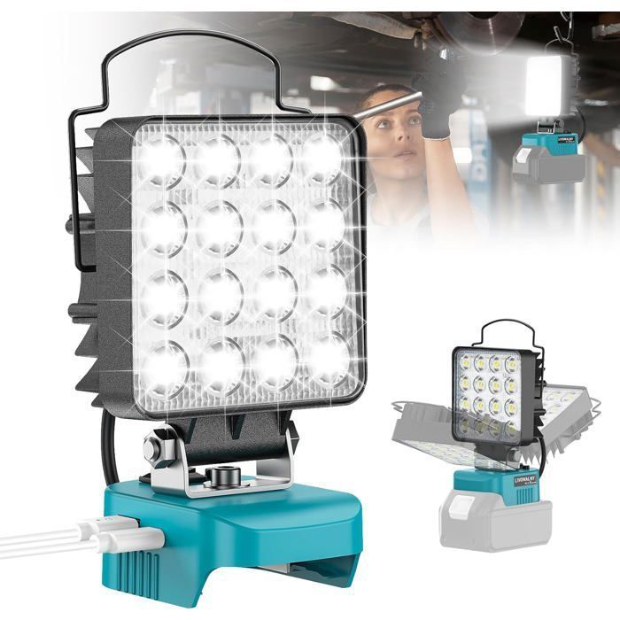 Lampe de travail LED rechargeable – Batterie Makita 18 V – 48 W – Double interrupteur – Type-C/USB
