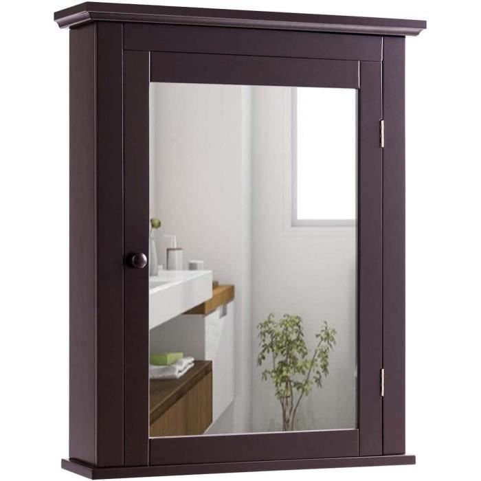 Armoire Salle De Bain Avec Miroir - Rangement MDF Blanc - Porte Tampon - Étagère Réglable