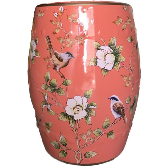 Tabouret Céramique Jaune Perroquets Asianliving - Fait Main D30xH45cm, Porcelaine Haute Qualité 200kg