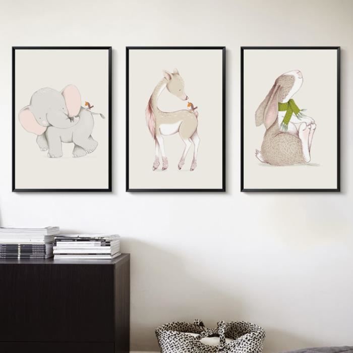 Beau Dessin Animé éléphant Cerf Lapin Toile Art Peinture Imprimer Poster Image Bébé Enfant Décorsans Armature Sans étirement