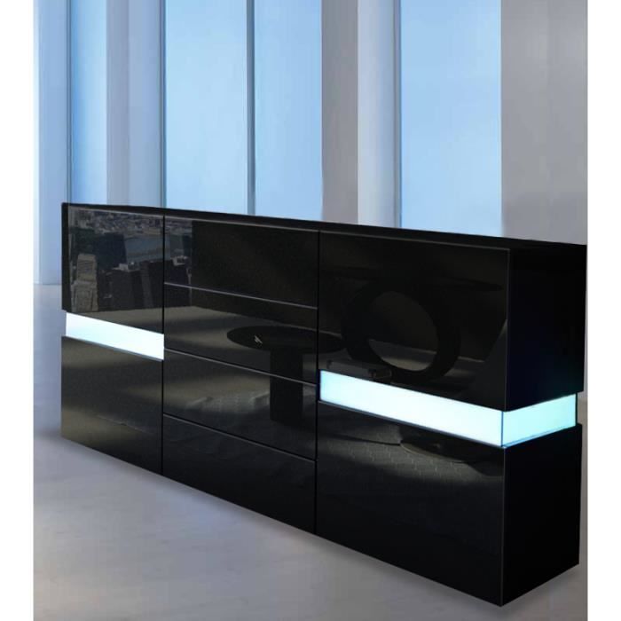 Buffet enfilade design - Marque - Noir brillant - 1 porte - 4 tiroirs - LED