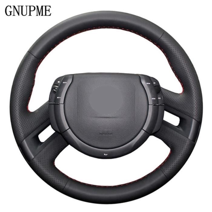 GNUPME housse de volant en cuir artificiel cousu main noir housse de volant de voiture pour Citroen C4 Black Thread