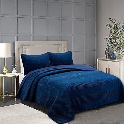 Couvre-lit Matelassé 2 Personnes 200x230cm - Velours De Lait - 3 Couches - Avec 2 Taies D'oreiller - Bleu Foncé