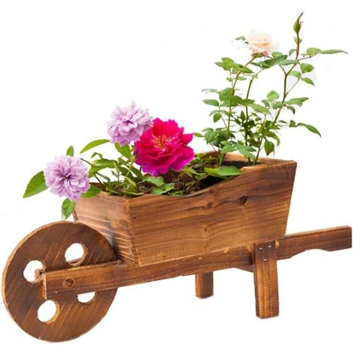 Brouette en bois naturel, Pot de fleurs multifonctionnel pour la décoration des plantes en Pot et des fleurs