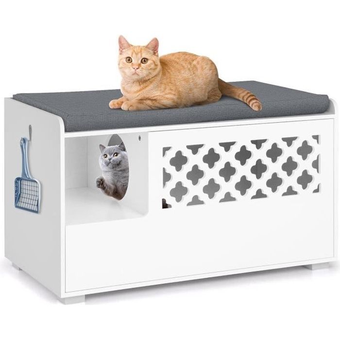 COSTWAY Maison de Toilettes pour Chat avec Coussin Amovible Meuble Bac à Litière avec Crochet Latéral et Porte Rabattable Blanc COSTWAY Maison de Toilettes pour Chat avec Coussin Amovible Meuble Bac à Litière avec Crochet Latéral et Porte Rabattable Blanc