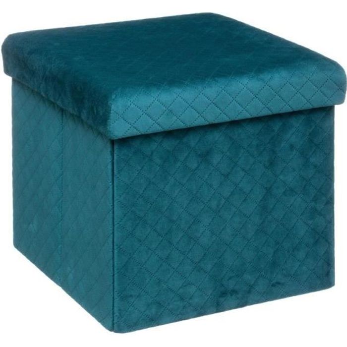 pouf coffre de rangement velours bleu canard - five - 31x31cm - intérieur salon contemporain