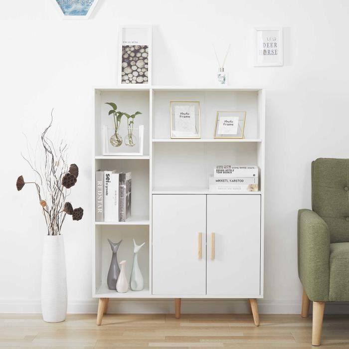 Bibliothèque Armoire de Rangement au Sol,Meuble/Etagère de Rangement,2 Porte,en bois, Blanc-MONDEER