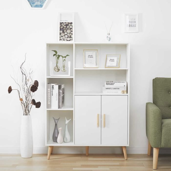 Bibliothèque Armoire de Rangement au Sol - MONDEER - Meuble/Etagère de Rangement - Bois - Blanc - 5 étagères